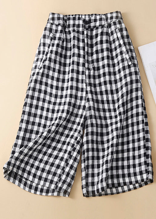 New Black Plaid High Waist Linen Wide Leg Shorts Summer