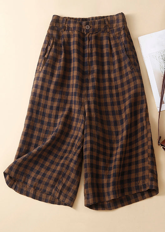New Black Plaid High Waist Linen Wide Leg Shorts Summer