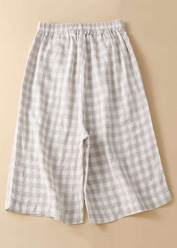 New Black Plaid High Waist Linen Wide Leg Shorts Summer