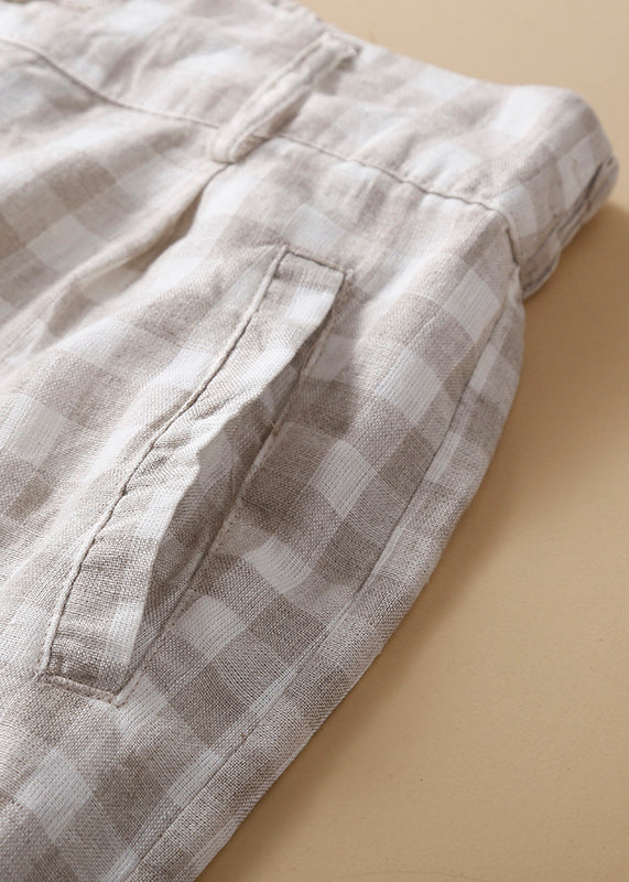 New Black Plaid High Waist Linen Wide Leg Shorts Summer