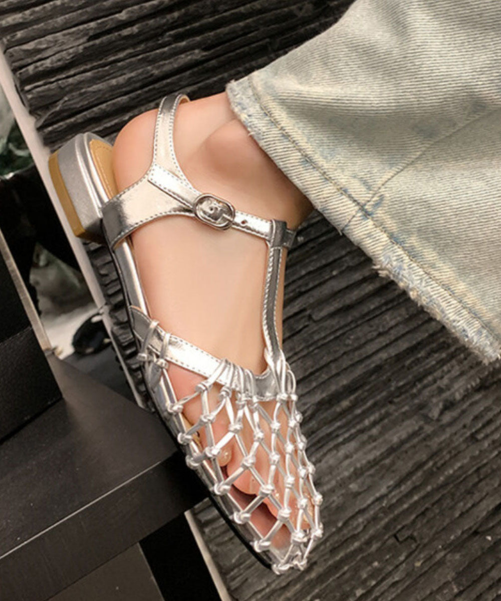 New French Hollow Out Buckle Strap Silver Sandals