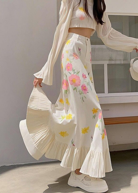 New Pink Print Wrinkled High Waist Cotton Skirts Spring