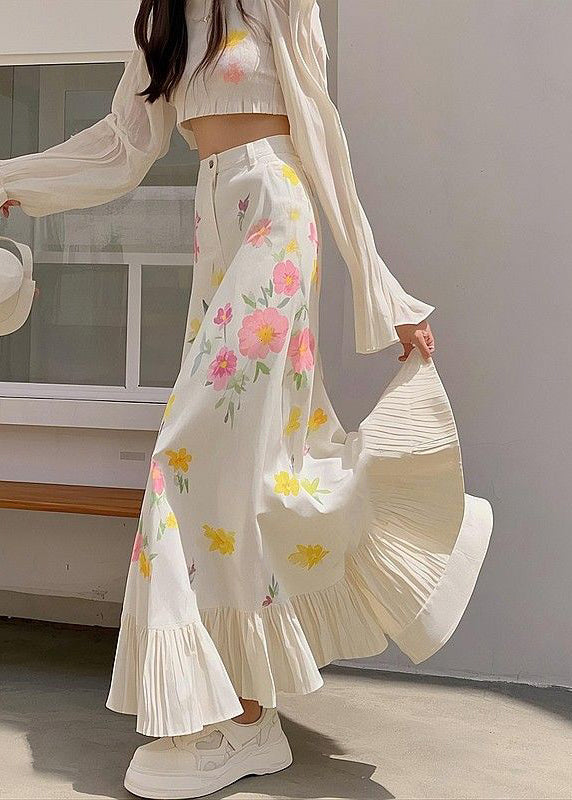 New Pink Print Wrinkled High Waist Cotton Skirts Spring