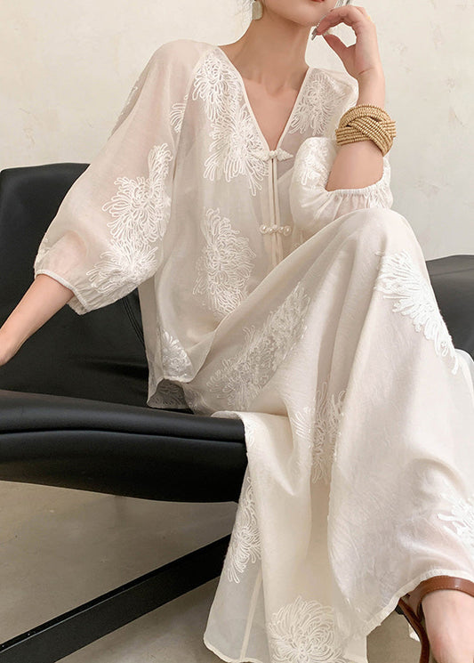 New Retro Beige Embroidered Cotton Two Piece Set Outfits Summer