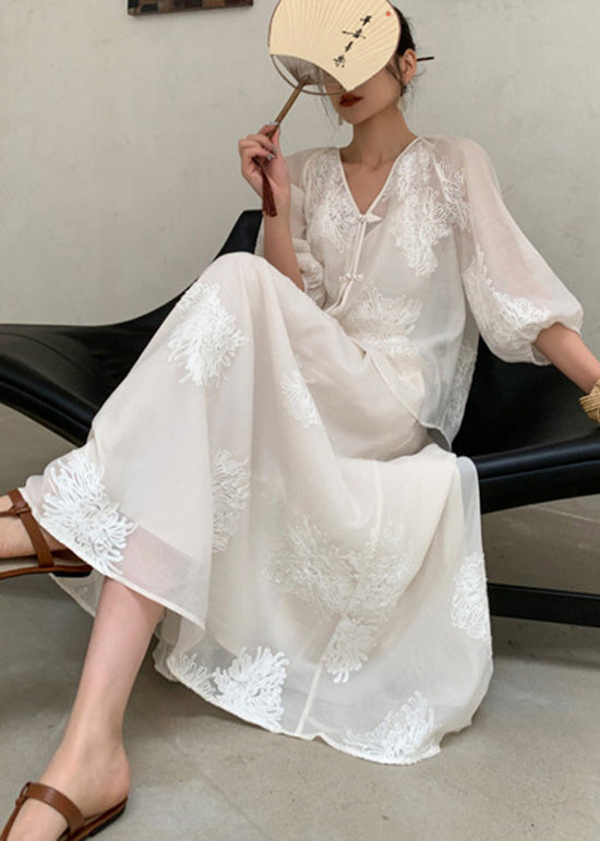 New Retro Beige Embroidered Cotton Two Piece Set Outfits Summer