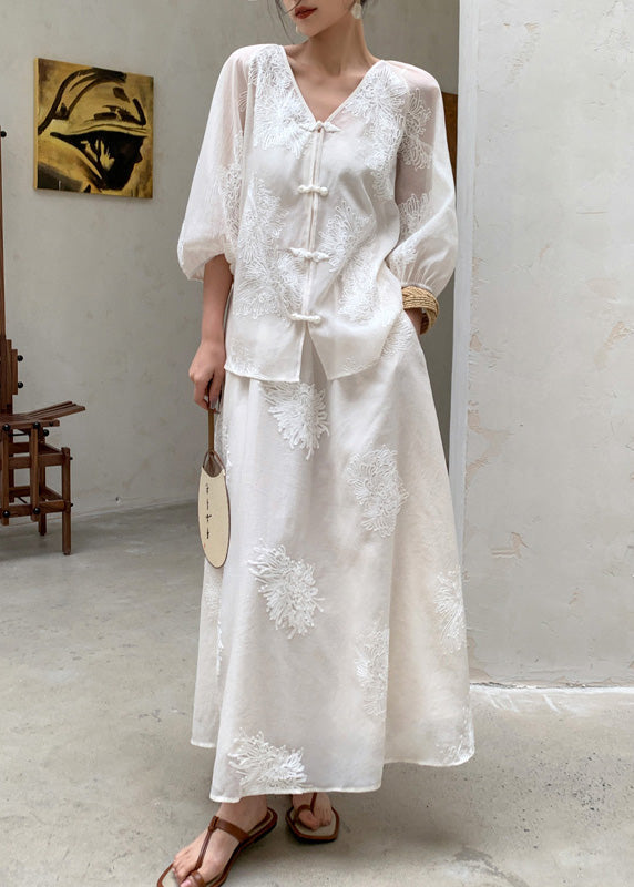 New Retro Beige Embroidered Cotton Two Piece Set Outfits Summer