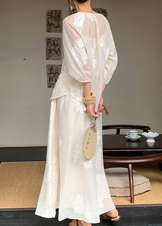 New Retro Beige Embroidered Cotton Two Piece Set Outfits Summer