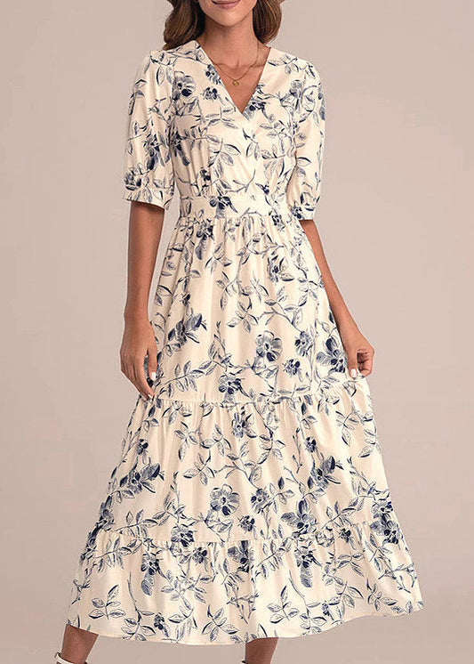 New V Neck Print High Waist Cotton Maxi Dress Summer