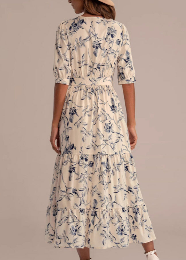 New V Neck Print High Waist Cotton Maxi Dress Summer