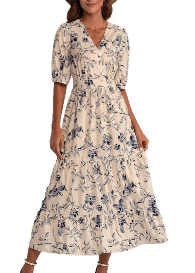 New V Neck Print High Waist Cotton Maxi Dress Summer