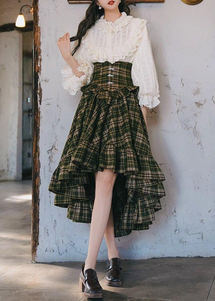 New White Ruffled Tops And Plaid Skirts Two Pieces Set Lantern Sleeve