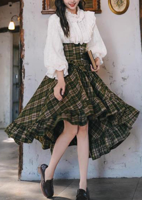 New White Ruffled Tops And Plaid Skirts Two Pieces Set Lantern Sleeve