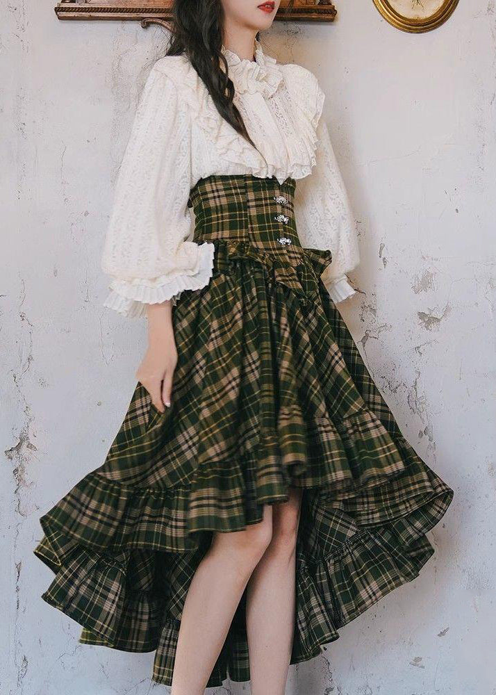 New White Ruffled Tops And Plaid Skirts Two Pieces Set Lantern Sleeve