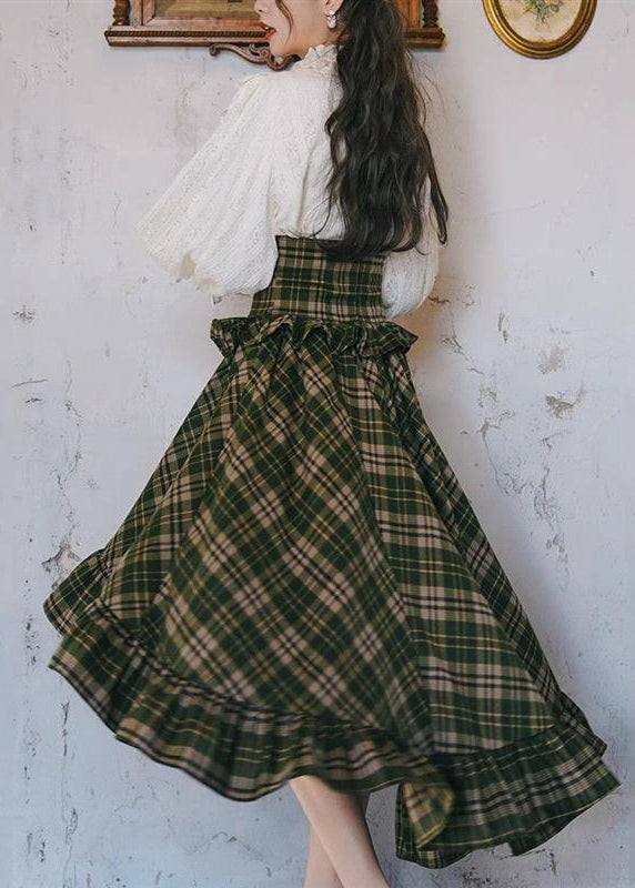 New White Ruffled Tops And Plaid Skirts Two Pieces Set Lantern Sleeve