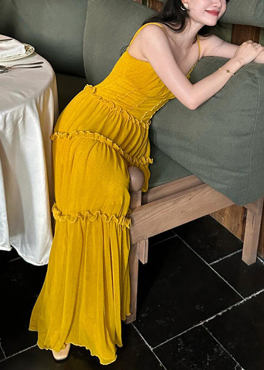New Yellow Ruffled Solid Cotton Spaghetti Strap Dress Sleeveless