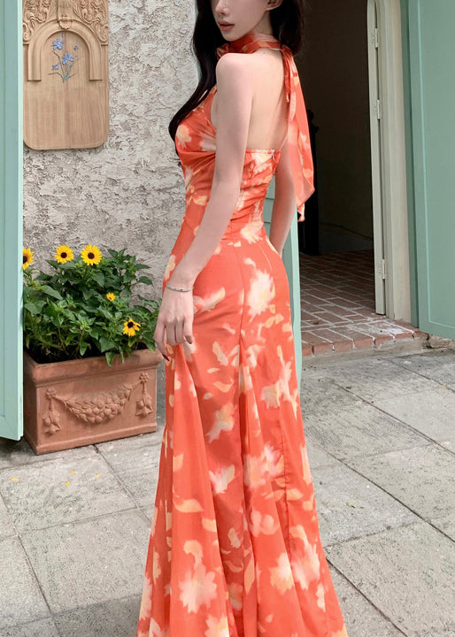 Novelty Orange Print Lace Up Chiffon Long Dresses Sleeveless