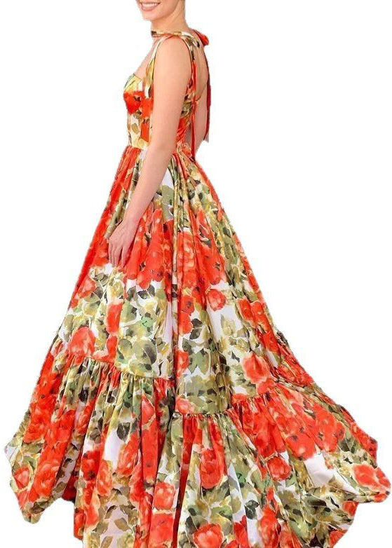 Novelty Red Print Bow Cotton Spaghetti Strap Dress Sleeveless