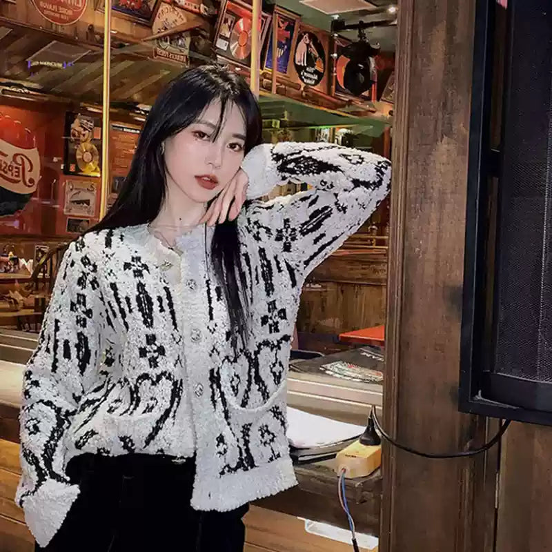 Loose Black Print Button Cotton Knit Cardigan Winter