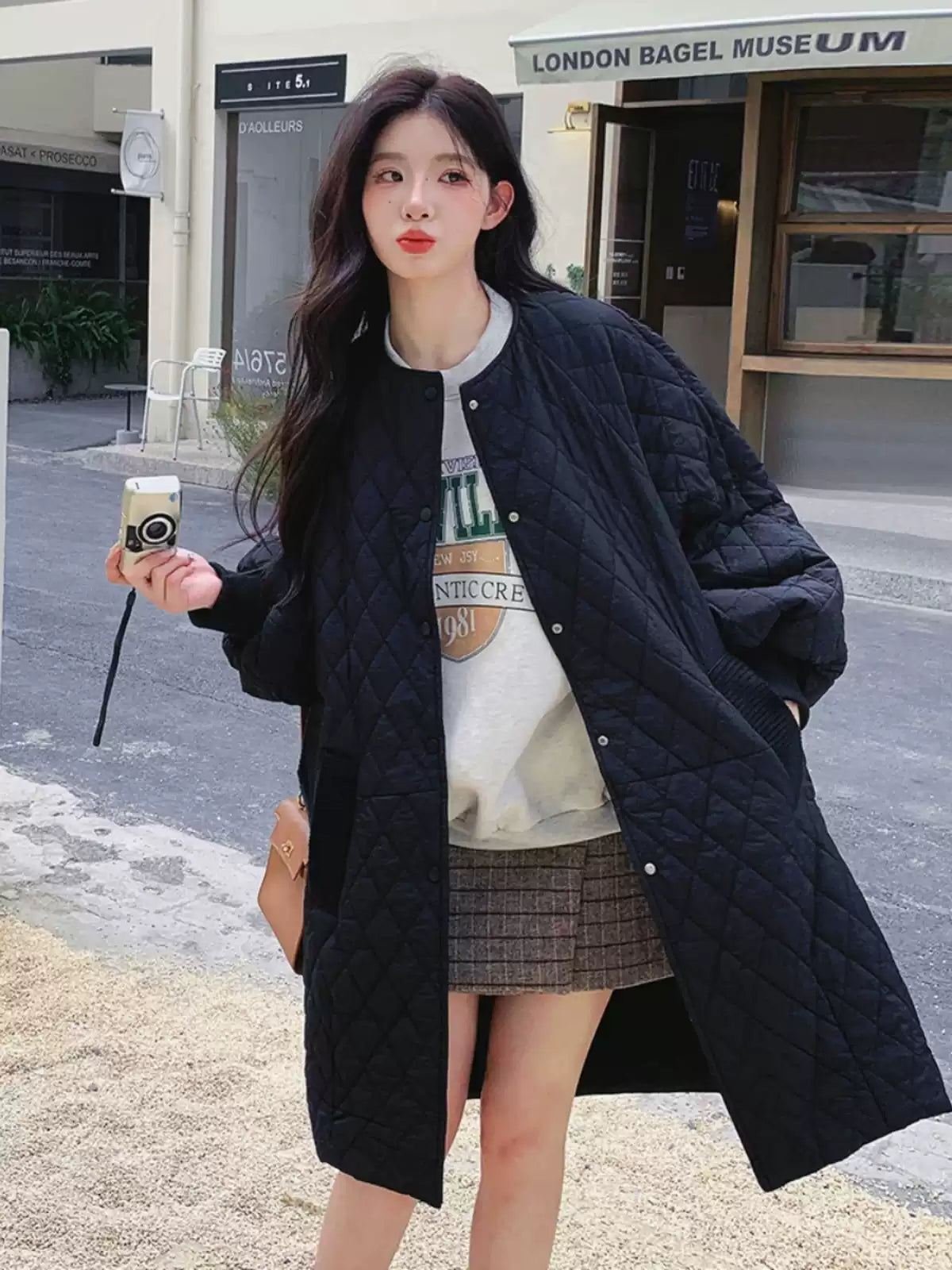 Loose Black O-Neck Plaid Patchwork Button Pockets Parka Winter