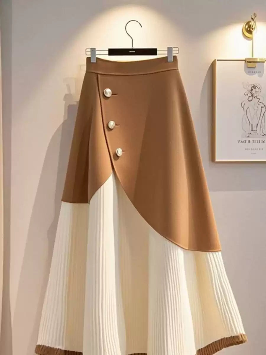 New Coffee Wrinkled Patchwork Cotton Skirts Summer