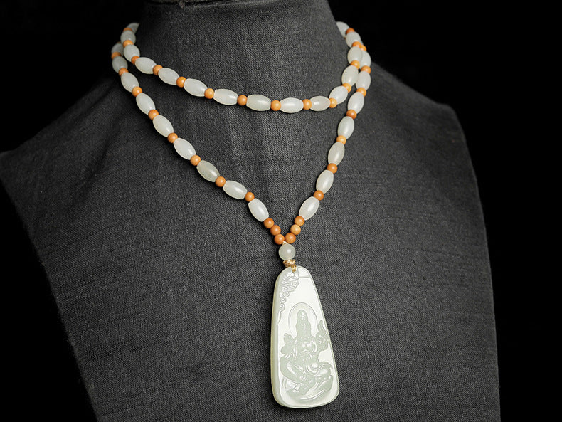 Natural Hetian White Jade Guanyin Pendant Necklace