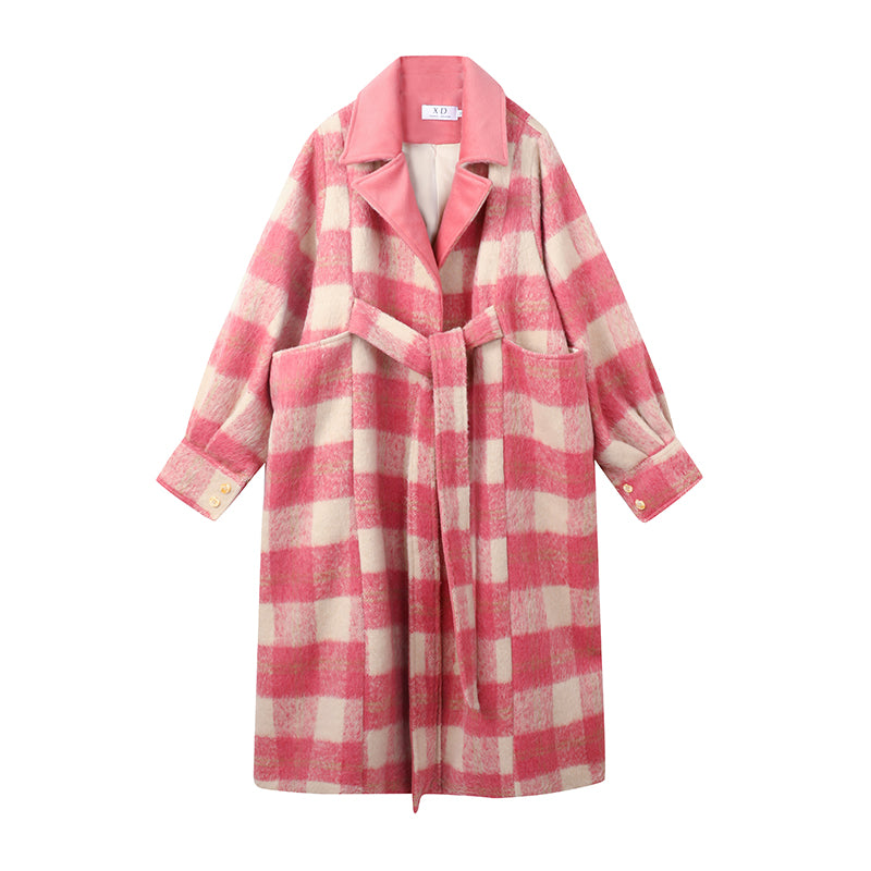 Pink Notched Tie Waist Maxi Woolen Coat Long Sleeve
