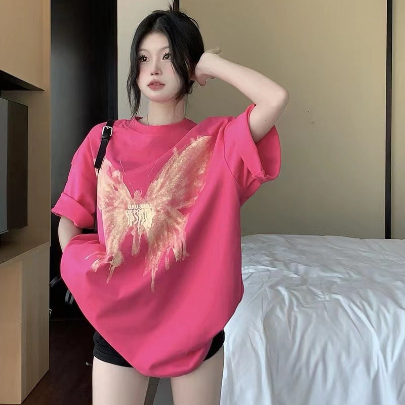 Fashion Pink Style O-Neck Irregular Print Top Spring