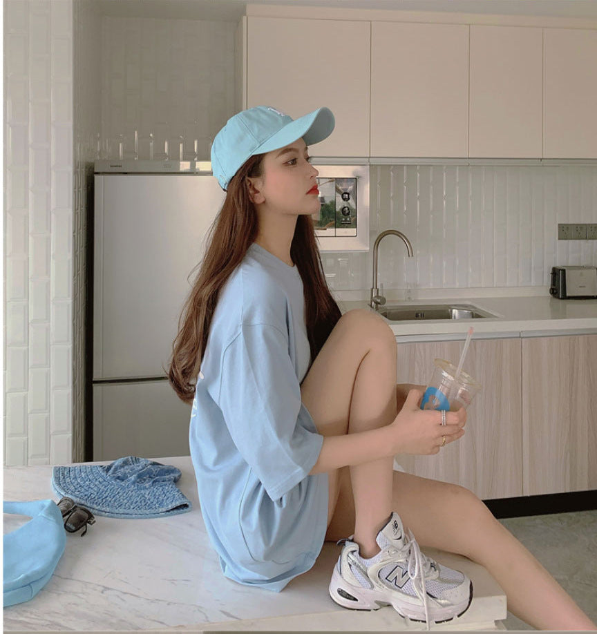 Blue O-Neck Print Loose Top Summer