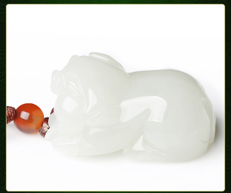 Exquisitely Carved Hetian Jade Zodiac Pig Pendant Necklace