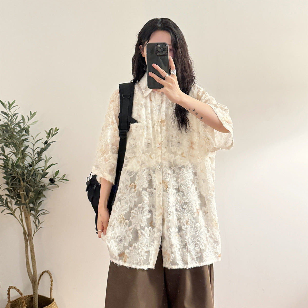 Chic Loose Blue Lapel Floral Tassel Half Sleeve Shirt