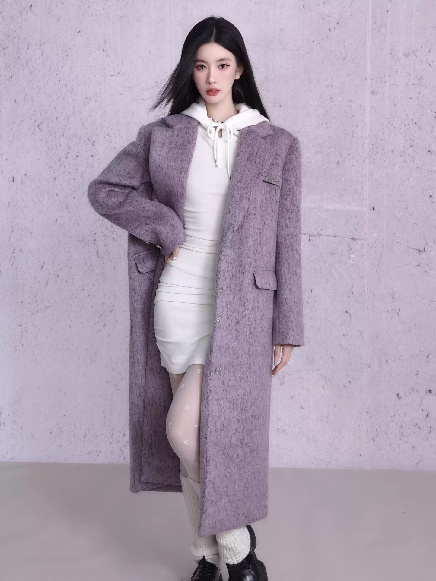 Purple Pockets Patchwork Long Woolen Coats Winter