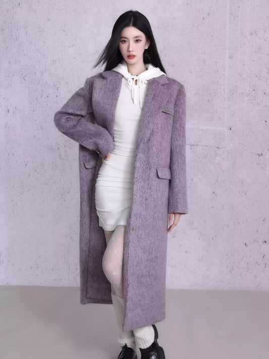 Purple Pockets Patchwork Long Woolen Coats Winter