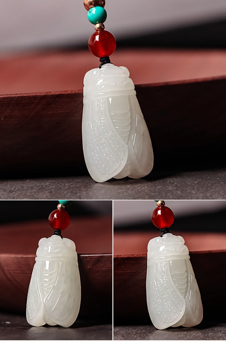 Authentic Hetian Jade Cicada Charm Necklace