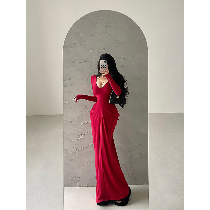 New Simple Black V Neck Slim Fit Cotton Long Dress Spring