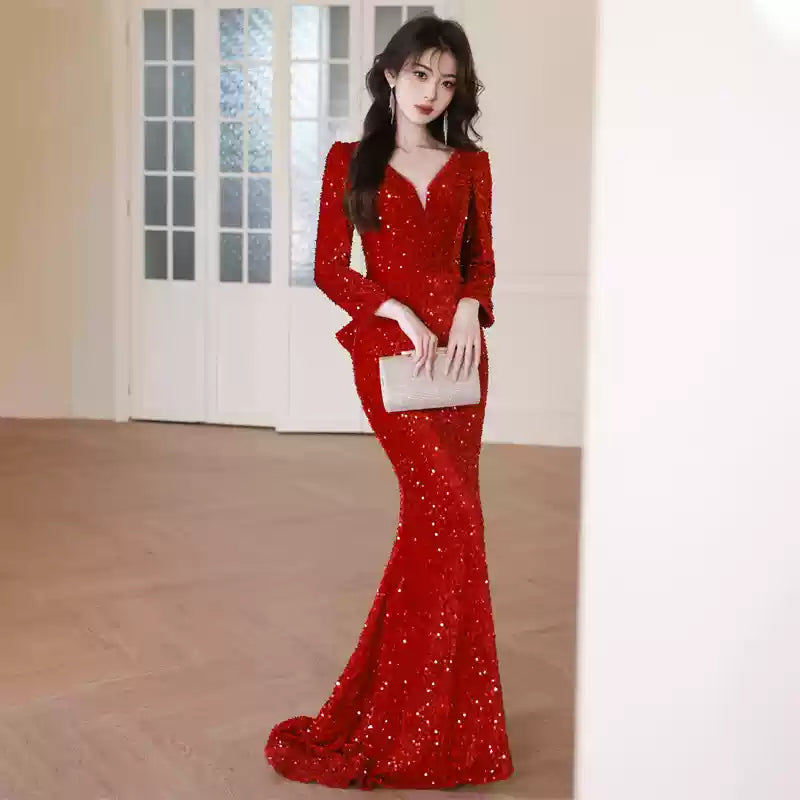 Dinner Wine Red V Neck Sequins Holiday Dress Spring