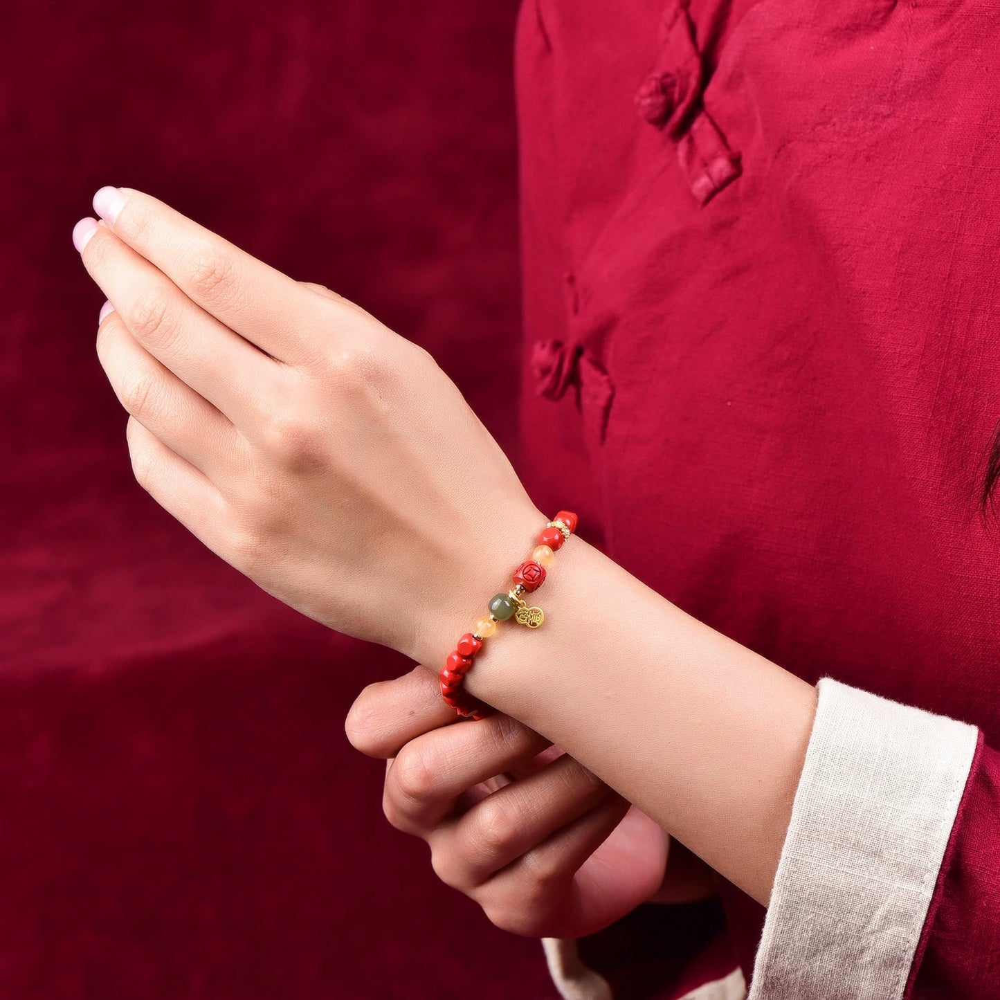 Lucky Wealth Natural Cinnabar Beaded Bracelet for Women