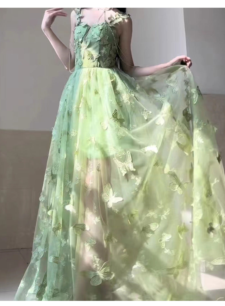 Beautiful Green Butterfly Side Open Tulle Maxi Dresses Sleeveless