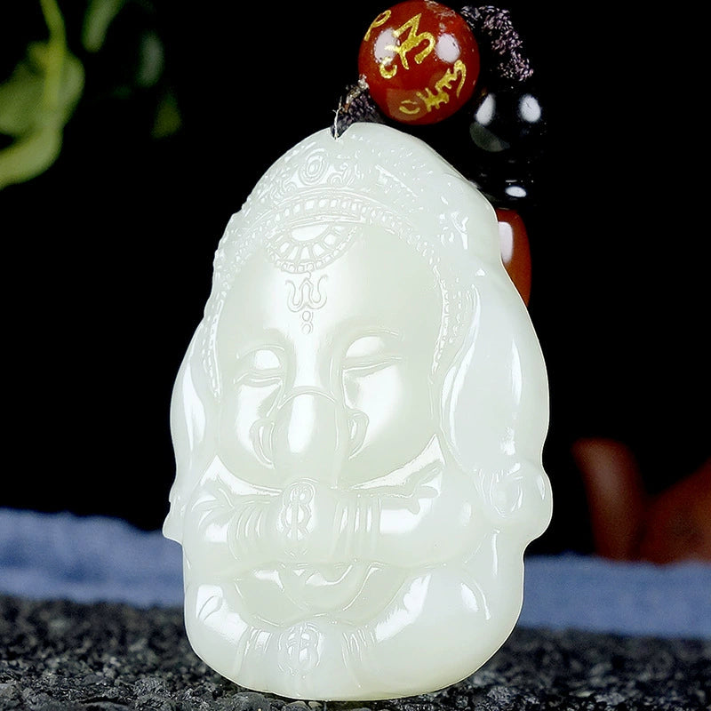 Natural Hetian White Jade Ganesha Pendant Necklace
