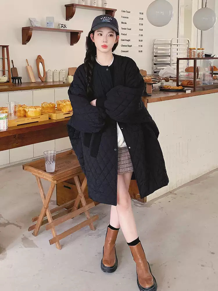 Loose Black O-Neck Plaid Patchwork Button Pockets Parka Winter