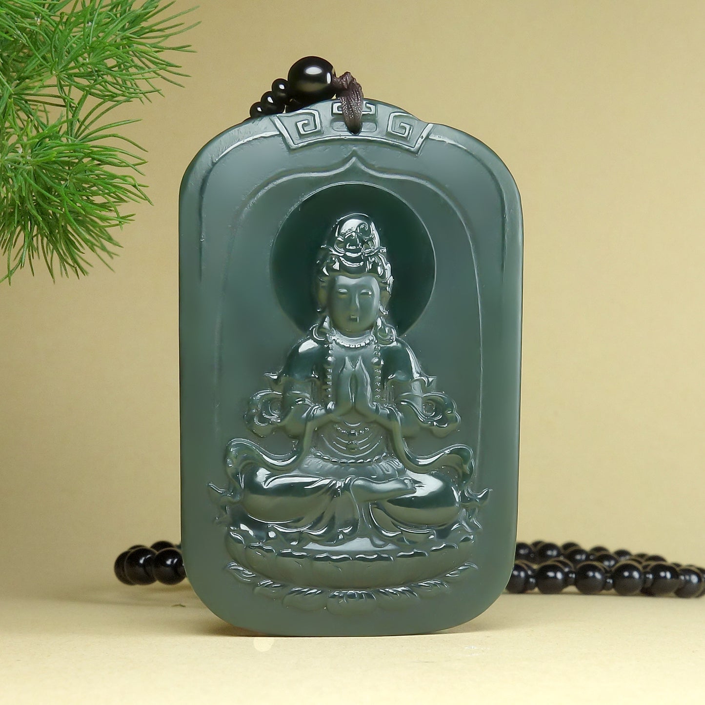 Natural Hetian Green Jade Double-Sided Guanyin Pendant Necklace