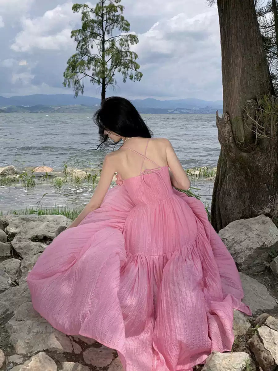 New Pink Strapless Solid Cotton Long Dress Sleeveless