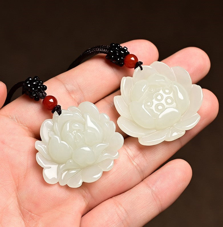 Natural Hetian Jade Lotus Pendant Necklace