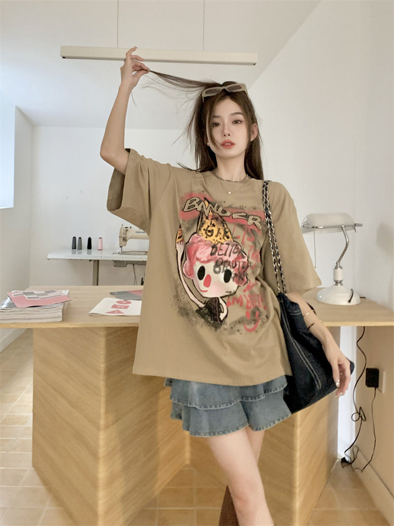 Khaki Cartoon Print Cotton Loose Tops Spring