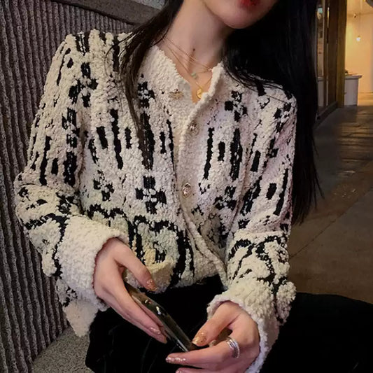 Loose Black Print Button Cotton Knit Cardigan Winter