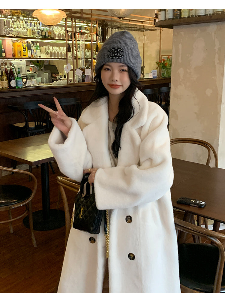 Beige Button Leather Fur Maxi Coat Long Sleeve