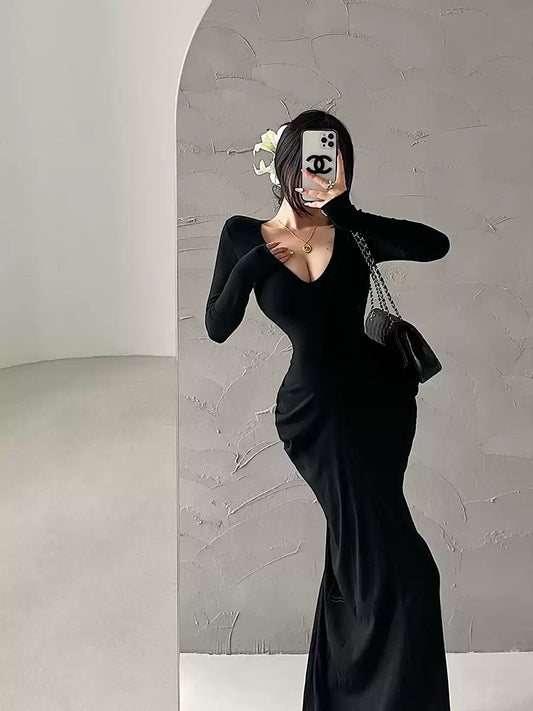 New Simple Black V Neck Slim Fit Cotton Long Dress Spring