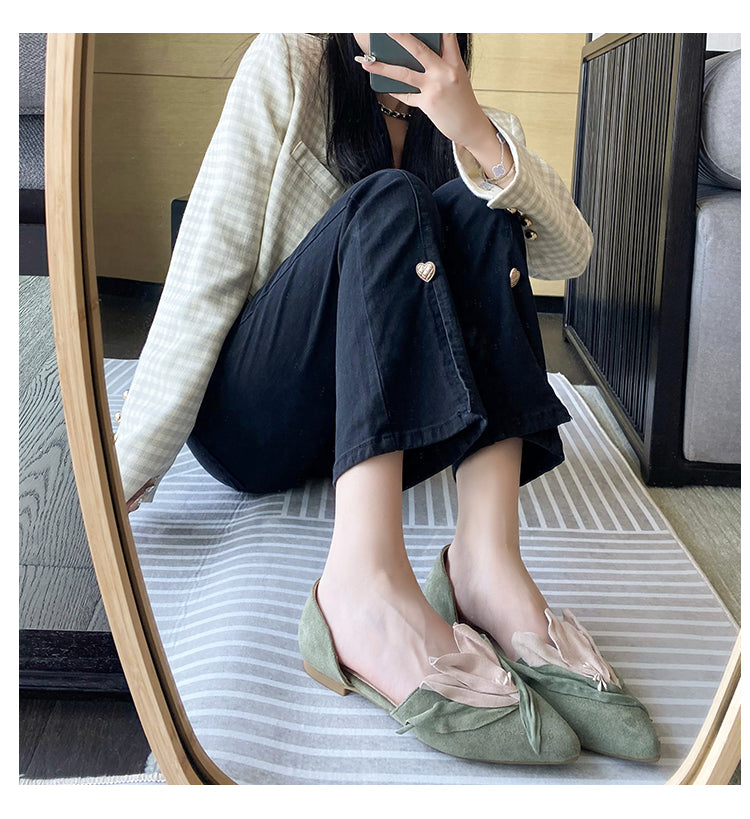 Handmade Pink Satins Flower Pointed Toe Flat Shoes