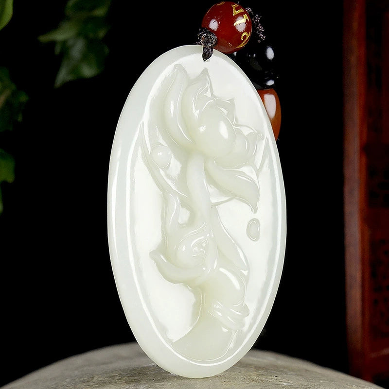 Natural Hetian White Jade Lotus Guanyin Pendant Necklace