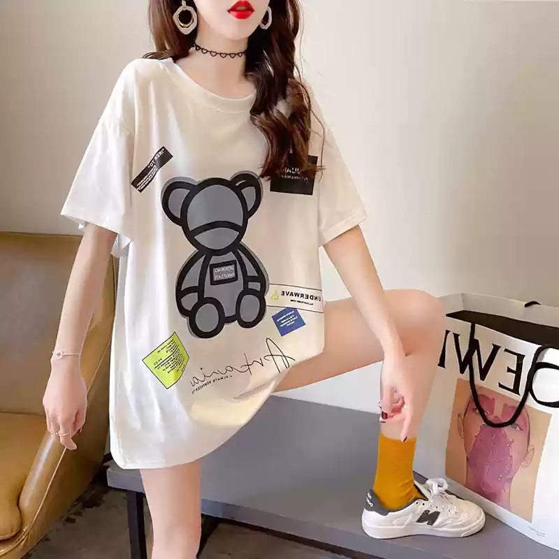 Grey Bear Print Cotton Holiday Top Oversized Summer