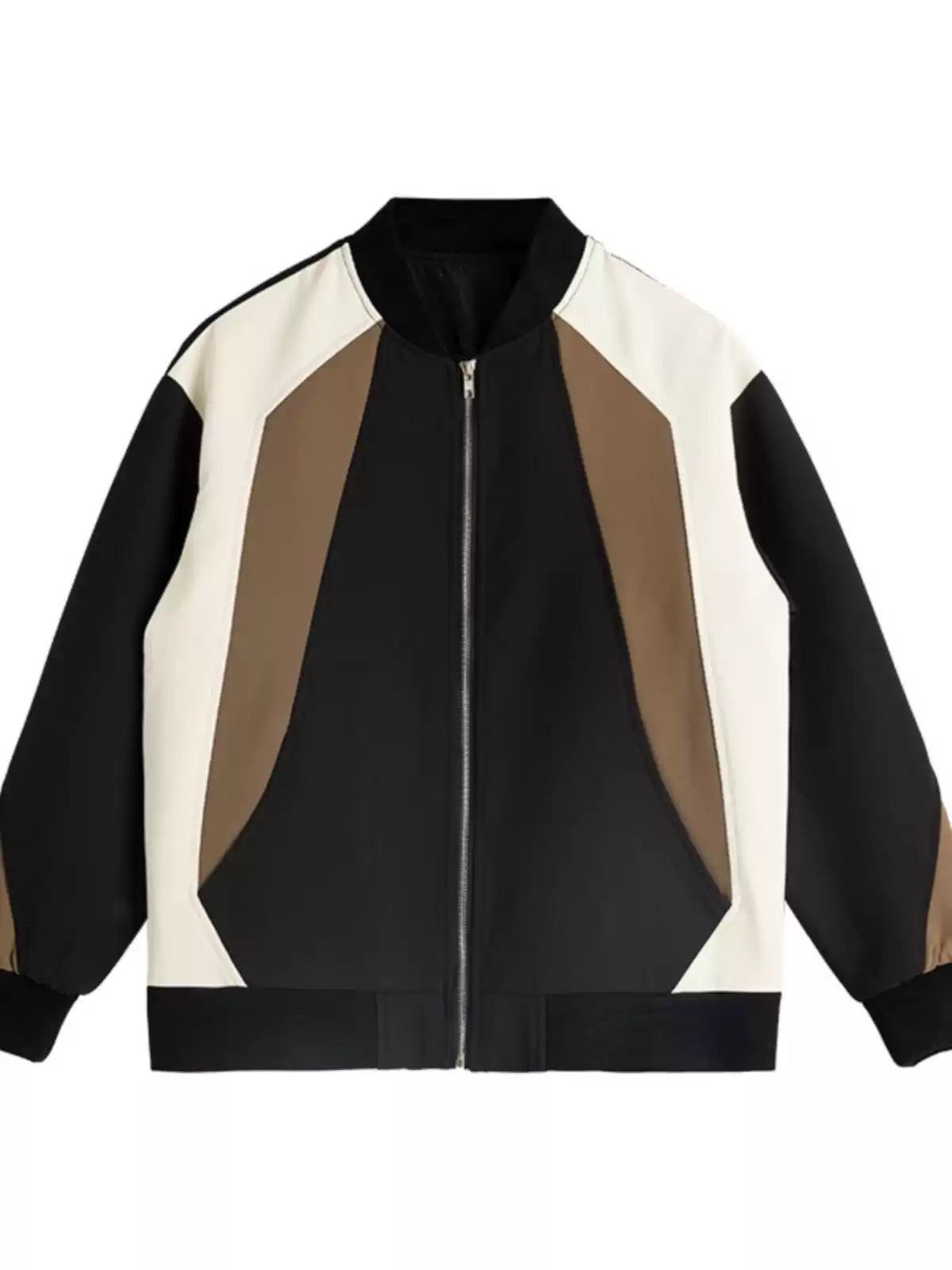 French Black Zip Up Patchwork Cotton Coat Fall